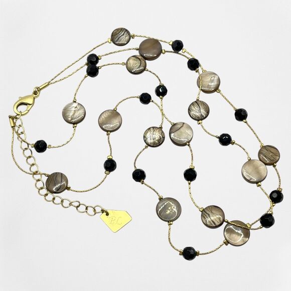 Park Lane Station Necklace Layered Shell Disc Glass Bead Tiered Gold Tone Beige - Picture 8 of 8